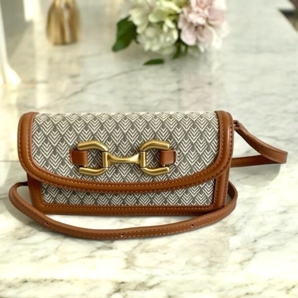 ZARA Tan Brown Small Crossbody Bag PU Leather Canvas Flap Satchel Purse